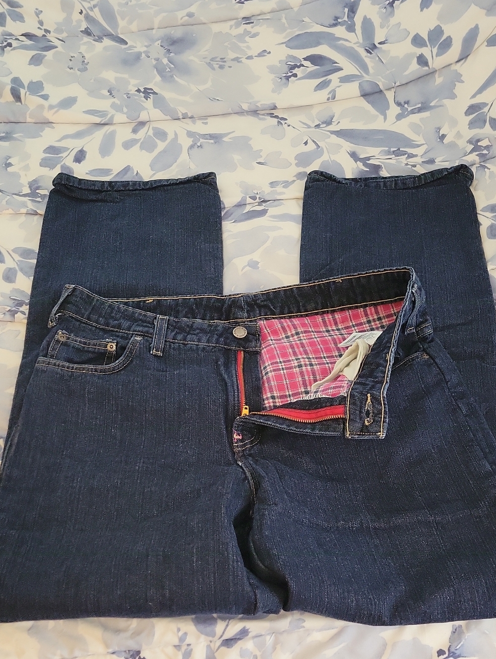 NWOT Dickies Dark Blue Wide Leg Jeans with Pink Plaid Lining
